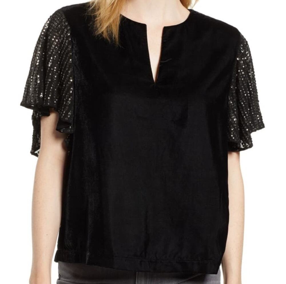 Velvet Graham & Spencer Black Velvet Sequin Flutter Sleeve Top Size Small